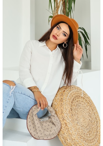 Lupinn Moda Kadın Beyaz Düğmeli Uzun Kollu Rahat Kalıp Gömlek Beyaz