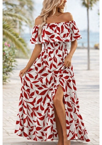 Efnaz Style Kadın Madonna Yaka Göğüs Lastikli Yırtmaçlı Uzun Desenli Süprem Elbise Kırmızı