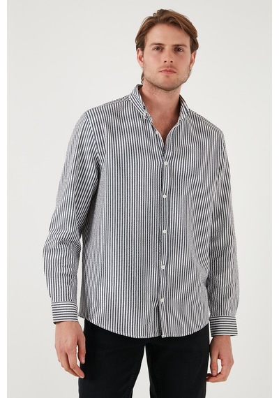 Buratti Pamuklu Çizgili Düğmeli Yaka Uzun Kollu Regular Fit Erkek Gömlek Cf23S112237 Lacivert-Beyaz Buratti Pamuklu Çizgili Düğmeli Yaka Uzun Kollu Regular Fit Erkek Gömlek Cf23S112237 Lacivert-Beyaz