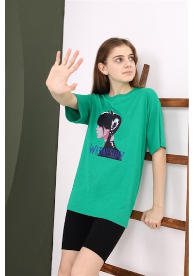 Mon Cherry Kız Çocuk Wednesday Baskılı Yeşil Tshirt-12875 Yeşil