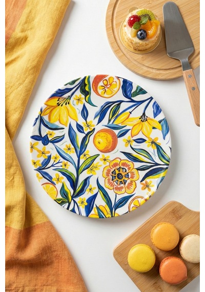 Grandora Renkli Narenciye Çiçek Desenli 6 Adet, 27 Cm Servis Tabağı Pasta, Tatlı, Kahvaltı Tabağı Seti Çok Renkli