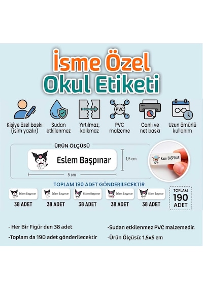 Kapbirhediye Okul Etiketi Isme Özel Kalem Defter Etiketi Sevimli Kedi 1 Temalı 190 Adet Çok Renkli