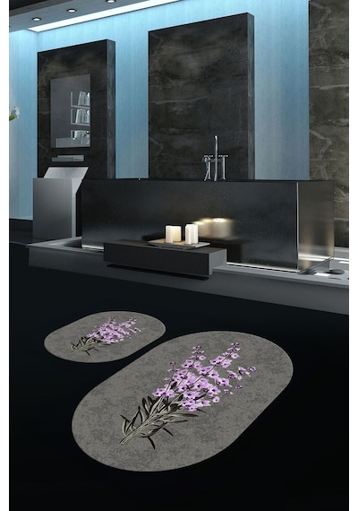 Buççin Online Mağaza Dijital Baskılı Kaymaz Taban Yıkanabilir Oval Banyo Takımı Klozet Takımı Polyester Gri Çok Renkli