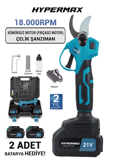 Hypermax Dk-911 Çift Akülü Çelik Şanzuman Göstergeli Şarjlı Dal Ağaç Kesme Bağ Budama Makası