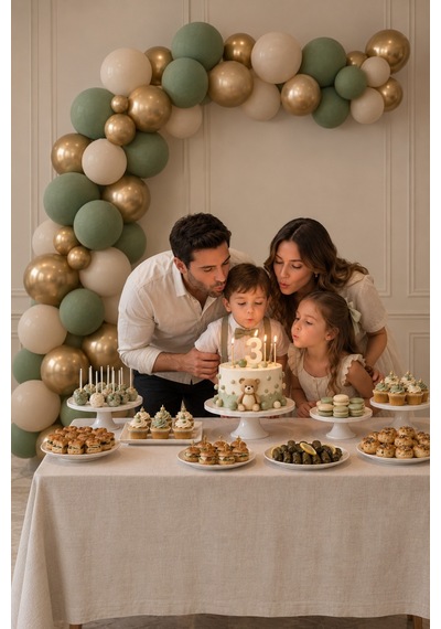 Küf Yeşili 15 Krom Gold 15 Deniz Kumu Pastel Ten Rengi Doğum Günü Ve Nişan Balon Zinciri Set