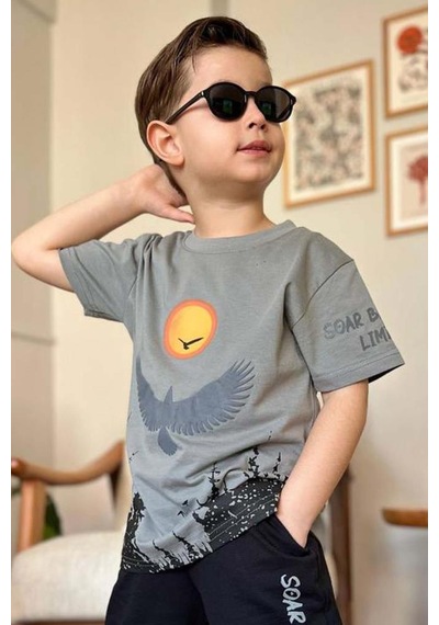 Riccotarz Erkek Çocuk Ağaç Ve Güneş Baskılı T-shirt Yazı Detaylı Gri Şortlu Takım Gri