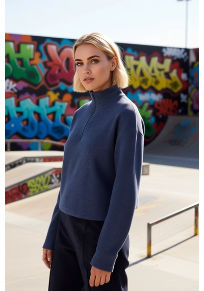 Benerly Kadın Dik Yaka Düşük Kol Fermuarlı Regular Kalıp Örme Sweatshirt Indigo