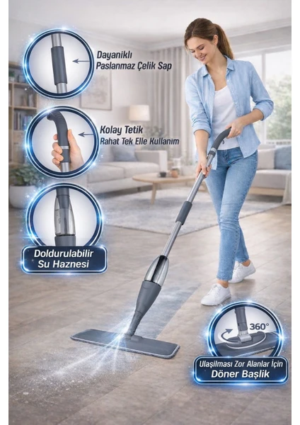 Püskürtme Hazneli Pratik Gri Sprey Mop - Ergonomik 127 Cm Tasarım - Tüm Yüzeyler Için Pratik Temizlik"