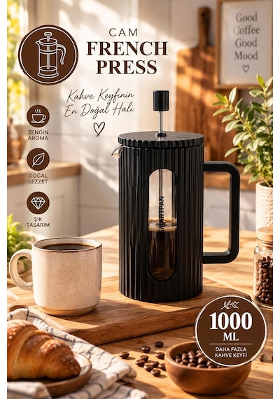 Smartpan Bv093 French Press Paslanmaz Çelik Süzgeçli Cam Bitki Çayı Demliği Kahve Presi - 1000 Ml Siyah Diğer