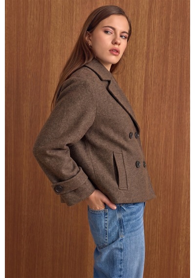 Olcay Ceket Yaka Oversize Kısa Kaban Kahve 3204 Kahverengi