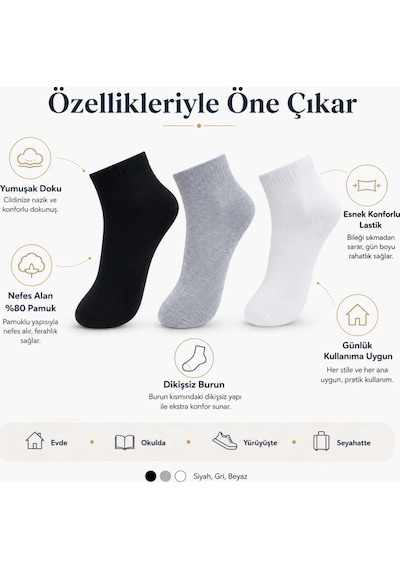 Çorap Giyim Kadın Kısa Konç Çorap 6 Lı Paket, %80 Pamuklu, Dikişsiz Burun, Nefes Alan Yumuşak Bilek Çorabı, Siyah Gri Beyaz Çok Renkli