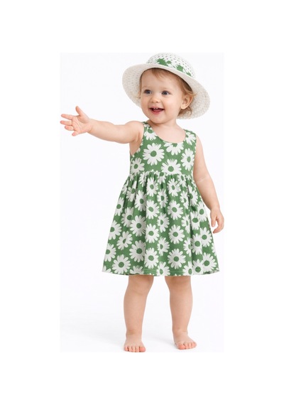 Chicsy Baby Tatlı Kız Bebek Papatya Desenli Tarz Elbise Şapkalı Yazlık Kombin Yeşil