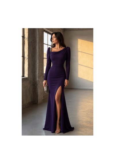 Store Asimetrik Yırtmaçlı Yaka Elbise Kollu Uzun Abiye Saks - 935898589 Saks