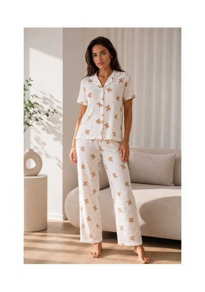 Fit Women Kadın Loose Uzun Paça Pamuk Kırık Beyaz Pijama Takımı