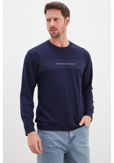 Fullamoda Yazı Baskılı Bisiklet Yaka Modal Sweatshirt Lacivert