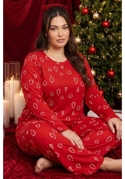 Siyah İnci Yılbaşı Temalı Desenli Termal Kumaşlı Ultra Soft Yumuşak Büyük Beden Battal Boy Örme Pijama Takımı 26226716 Kırmızı