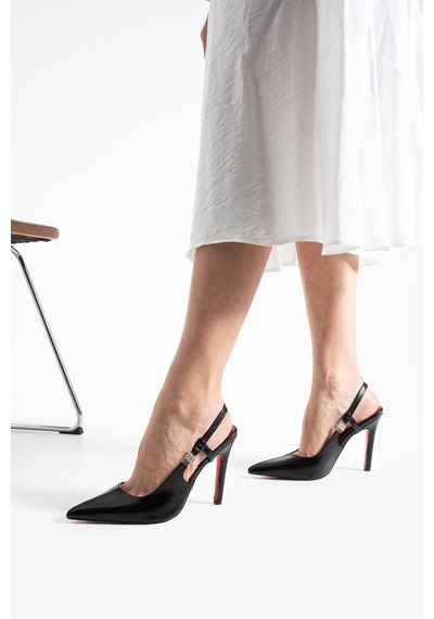 Lebibe Shoes Velmora Kadın Siyah Sivri Burun Slingback 11 Cm İnce Topuk Taş Aksesuar Detaylı Ayakkabı