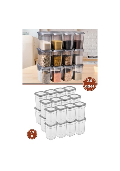 Flora Kare Erzak Saklama Kabı 24'lü Set, Gıda Baharat Bakliyat Saklama Kabı Orta Boy 24x 1,3 Lt Şeffaf Gri