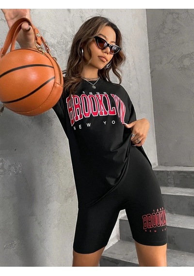 Startmore Kadın Beyaz Mavi Brooklyn Bisiklet Yaka Tshirt Siyah