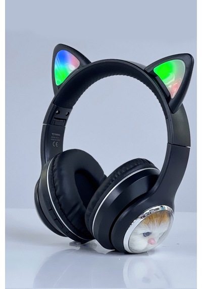 Hd11 Siyah Sevimli Kedi Karükatür Kulak Led Işıklı 5.3 Bluetooth Kulak Üstü Kulaklık