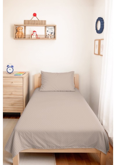 Bej Minimal Genç Odası Tek Kişilik Pike Takımı - Kapitone Bohem 160x220 Cm Mevsimlik Yatak Örtüsü Pamuksu Perde Aurası