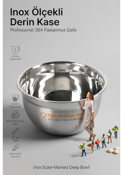 Transformacion Inox Ölçekli Derin Kase - 28 Cm 4 Litre Karıştırma Kabı Profesyonel 304 Paslanmaz Çelik 721844 Diğer