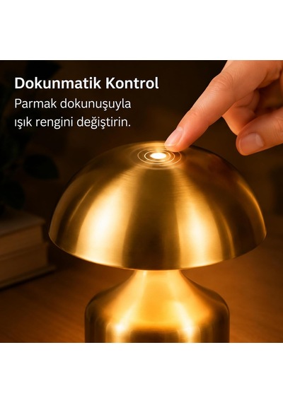 Şarj Edilebilir Led Mantar Masa Lambası, Dokunmatik 3 Renk Modlu, 1800 Mah Kablosuz Metal Abajur, Usb Type-c Şarjlı