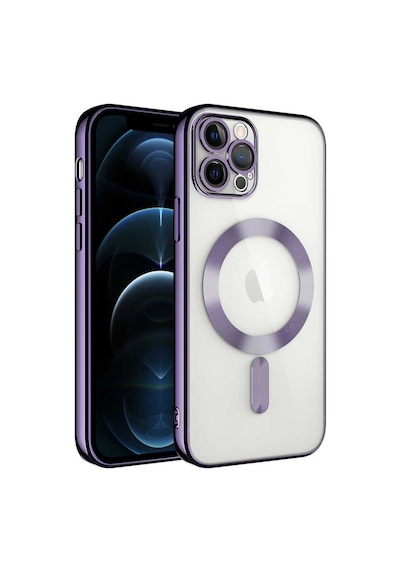 Apple Uyumlu  iPhone 12 Pro Mag Safe Özellikli Lens Korumalı Logo Gösteren Şeffaf Silikon Kapak - Mor