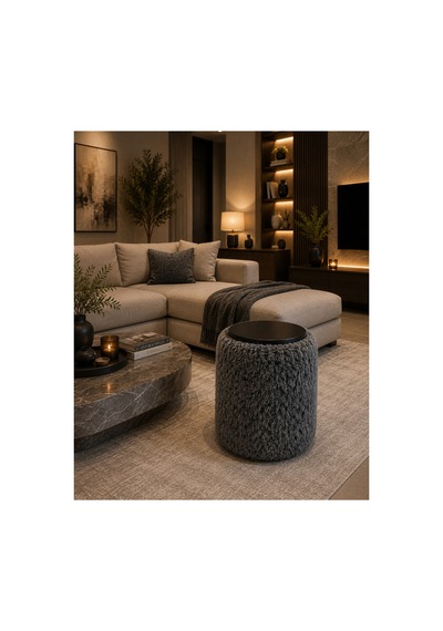 Premium Ahşap Üstlü Yuvarlak Bukle Puf Modern Antrasit - 878843025 Antrasit