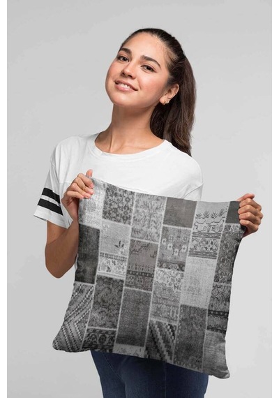 Gri Patchwork Çift Taraflı Yastık Kırlent Kılıfı Krl292n11