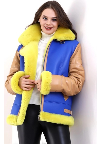 Ertaştrendstore Kadın Premium Doğal Koyun Derisi Pilot Kürk - Sarı Çok Renk