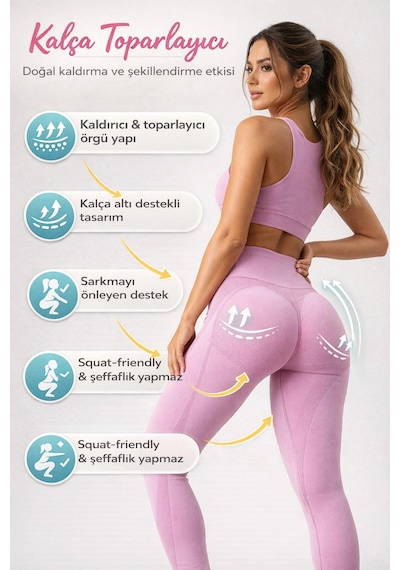 Ayle Moda Yüksek Bel Seamless Spor Tayt Nefes Alan Örme Kumaş Koyu Pembe