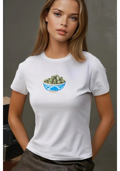 Hiccup Kadın Bisiklet Yaka Kısa Kollu Önü Baskılı Pamuklu T-shirt Tozlu Beyaz