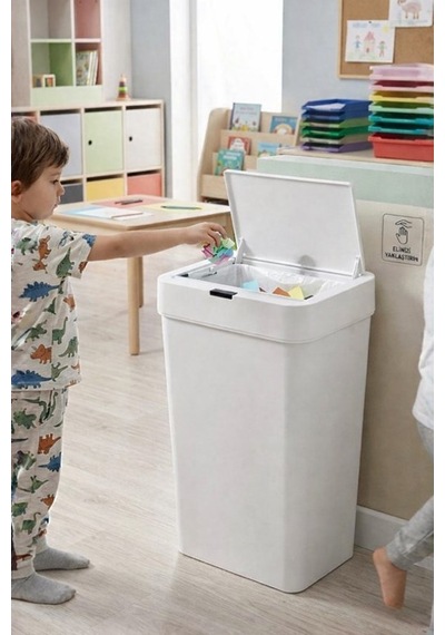 50 Litre Kızıl Ötesi Sensörlü Otomatik Çöp Kovası Ofis Mutfak Banyo Antibakteriyel Çöp Kovası Beyaz Siyah