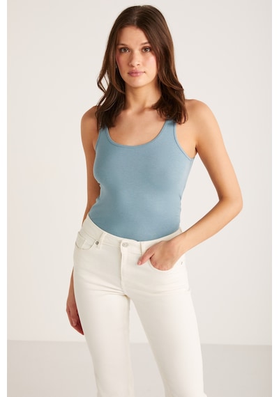 Ethıquet Jayla Kadın Pamuklu Slim Fit Dar Kesim Kalın Askılı Oyuk Yaka Örme Mint Yeşil Atlet Mint Yeşili