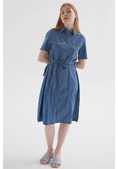 Fashion Friends Kısa Kollu Kemerli Midi Denim Elbise Elbise 24y0108k1 Mavi