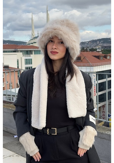 Mollycrush Peluş Bucket Kalpak Atkı Eldiven 3'lü Set Kadın Kışlık Suni Kürk Bej 3'lü Takım Bej