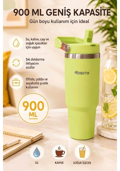 Ss119 900 Ml Çelik Termos Bardak Pipetli Kulplu Taşınabilir Su Matarası Yeşil
