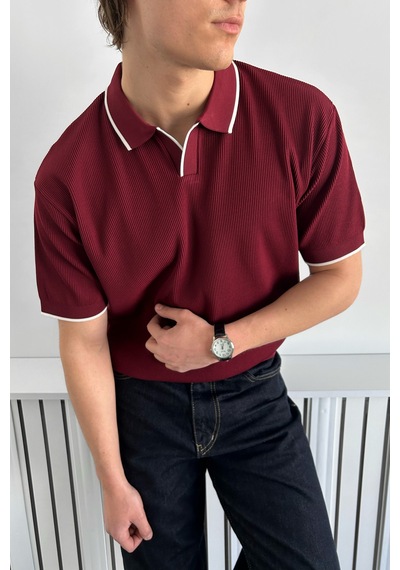 Erkek Oversize Selanik Polo Yaka Triko T-shirt Bordo