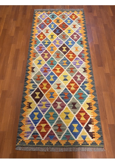 El Dokuma Afgan Kilim 100% Yün Harıka Desenlı Yolluk Çok Renkli