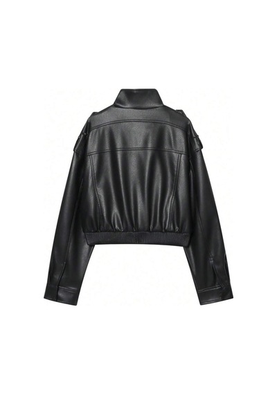 August Yeni Sezon Kadın Oversize Dik Yaka Apoletli Siyah Deri Ceket Siyah&blackest Black Siyah&Blackest Black