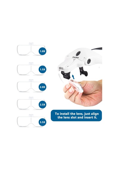 4 Led Işıklı Büyüteç, Kafa Bandı Büyüteci 5 Çıkarılabilir Lensli, 1 X, 1,5 X, 2 X, 2,5 X, 3,5 X Şarj E