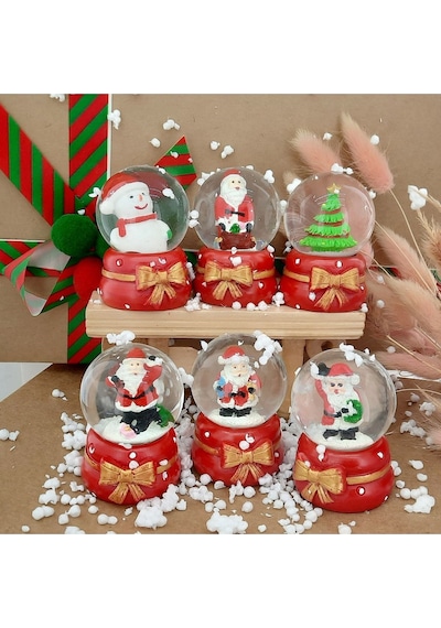 Dekoratif Yılbaşı Yeni Yıl Işıklı Noel Baba Ve Noel Ağacı 6'lı Set Kar Küre Işıklı Özel Tasarım 6 Cm Kar Küresi