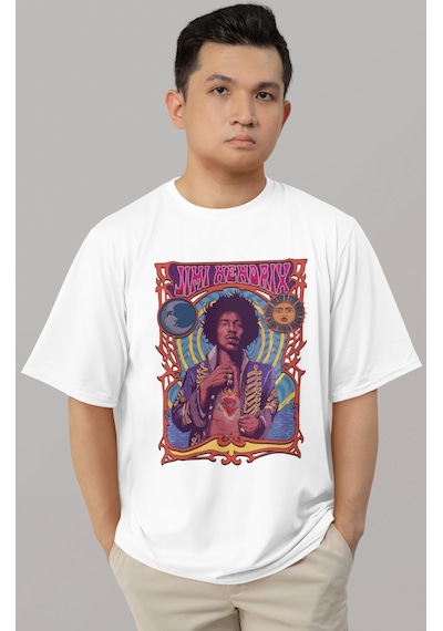 Tasarım Jimi Hendrix Efsane Şarkıcı Baskılı Unisex Oversize Tişör Beyaz