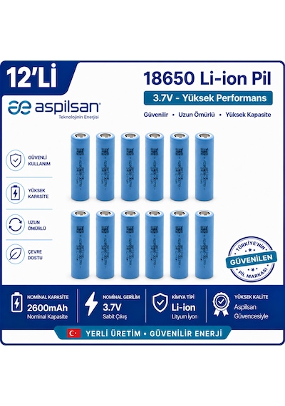 Aspilsan 18650 2600mah 3.7v Li-ion Şarjlı Pil 12'li Paket Inr18650a28  Lityum İyon Batarya Powerbank, E-bisiklet, Ups Ve Solar Sistemler İçin