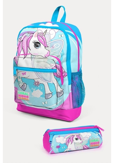 Coral High Kids Mavi Neon Pembe Unicorn Desenli 2'li Okul Çanta Seti - Kız Çocuk
