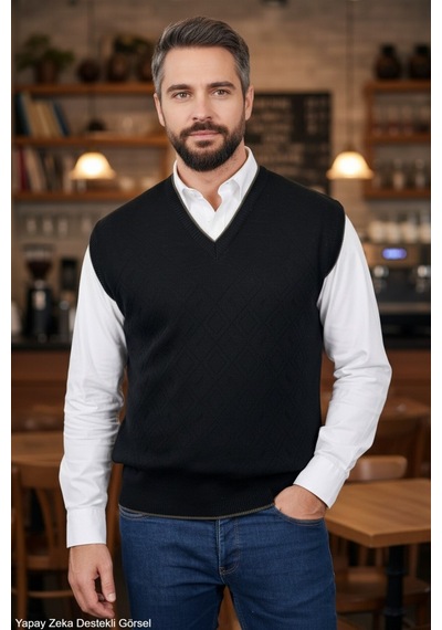 Kamalı Erkek Siyah Tüylenme Yapmayan Anti Pilling Kumaş Standart Fit Normal Kesim V Yaka Triko Süveter