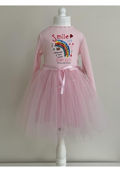 Pamuk Astarlı Uzun Kollu Smile Baskılı Tüllü Kız Çocuk Elbise Pembe