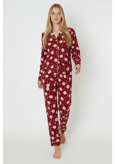 Luxury Soft Bordo Yılbaşı Desenli Uzun Kollu Kadın Pijama Takımı 3026 Kırmızı