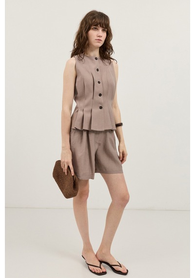 Antioch Pileli Yelek Şort Kadın Takım Koyu Bej